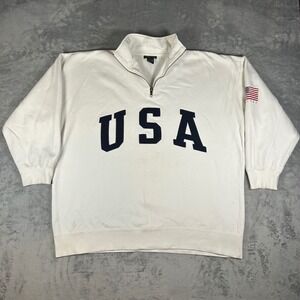 Vintage The Limited USA Quarter Zip Sweatshirt White Navy Blue Flag Mens L